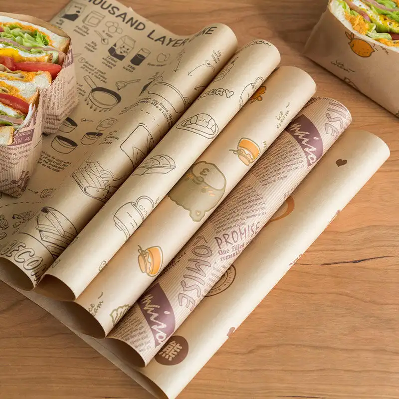 Toptan özelleştirilmiş baskılı Logo ve boyut gıda güvenli sınıf Burger kağıt yağlı Deli et sarma balmumu kaplı kağıt