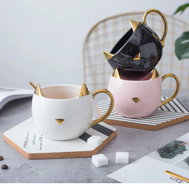 Xícara de café para presente de escritório, cerâmica criativa simples e dourada em forma de gato para homens e mulheres estudantes casal