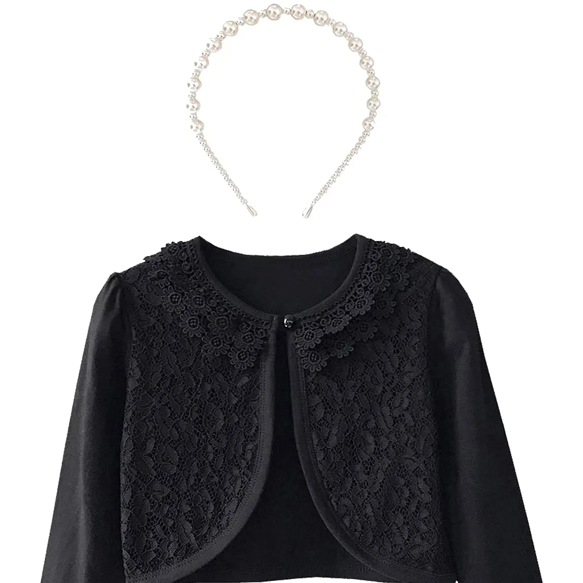 Chandail à manches longues en coton pour filles, 3 pièces, noir, blanc, boléro, Cardigan avec bandeau en perles