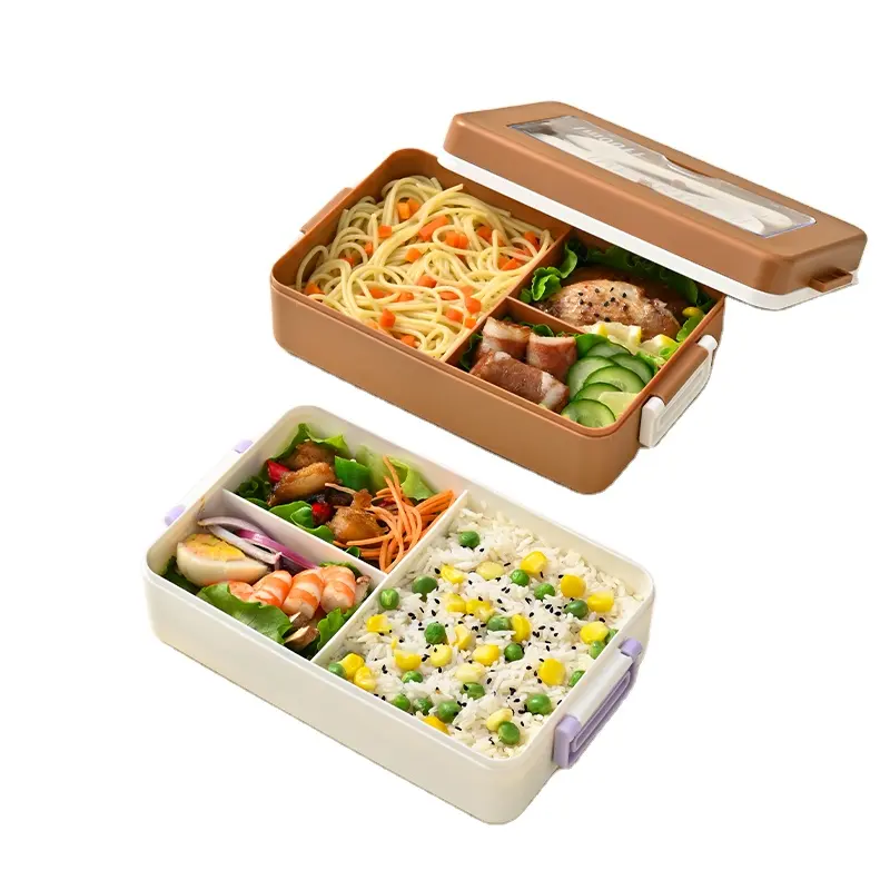2023 populaire Maillard Style Bento Box réutilisable 3 compartiments écologique boîte à lunch en plastique avec cuillère fourchette pour adulte
