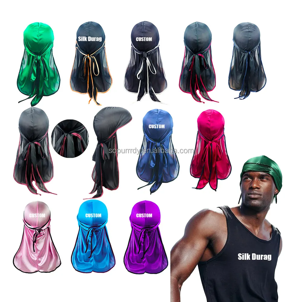 Logo personalizzato di design in seta Durag per gli uomini a coda lunga testa avvolge il cappello da pirata di seta fare stracci turbante Bandana copricapi per gli uomini delle donne