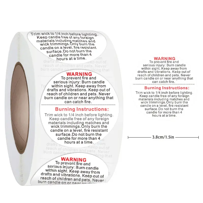 Adesivos redondos de aviso de vela de 1.5 ", etiquetas de aviso de segurança à prova d'água para recipiente de jarra de cera de soja