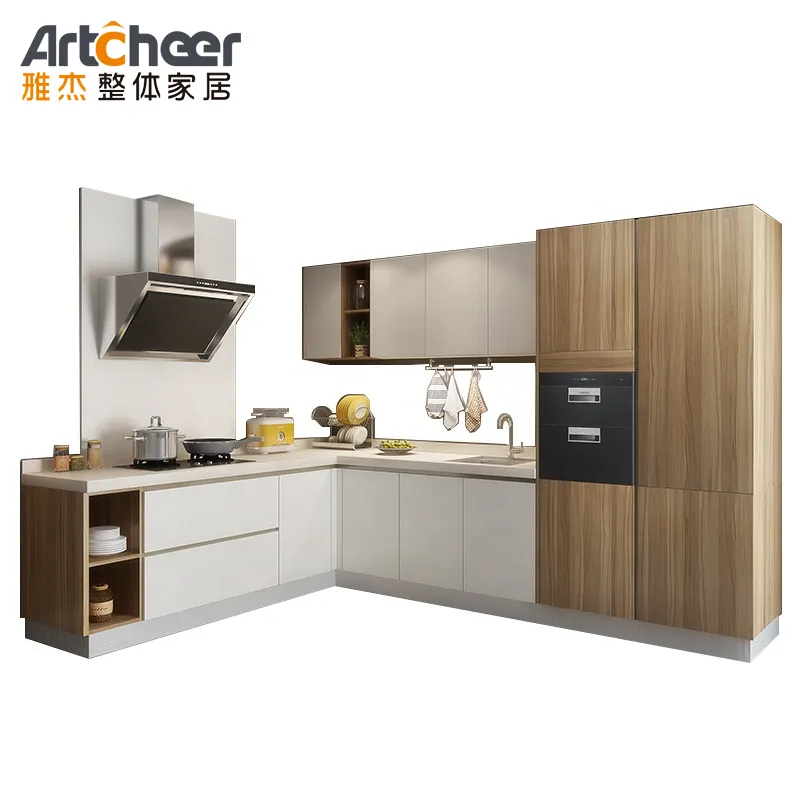 Armario de cocina con Panel de melamina, mueble moderno hecho a mano con forma de L, fabricado en China