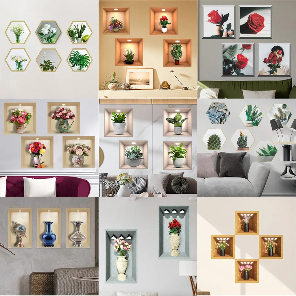 Зеленые цветы растения в горшках иллюстрация наклейки ПВХ обои для гостиной декоративная роспись настенные наклейки