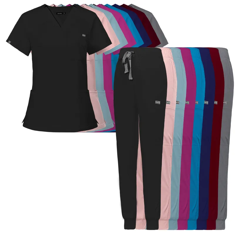 Uniformes d'hôpital gommages personnalisés gommages d'infirmière Scrubs infirmière à manches courtes Top Joggers gommages costume vêtements de spa Stretch Slim Fit uniforme d'infirmière