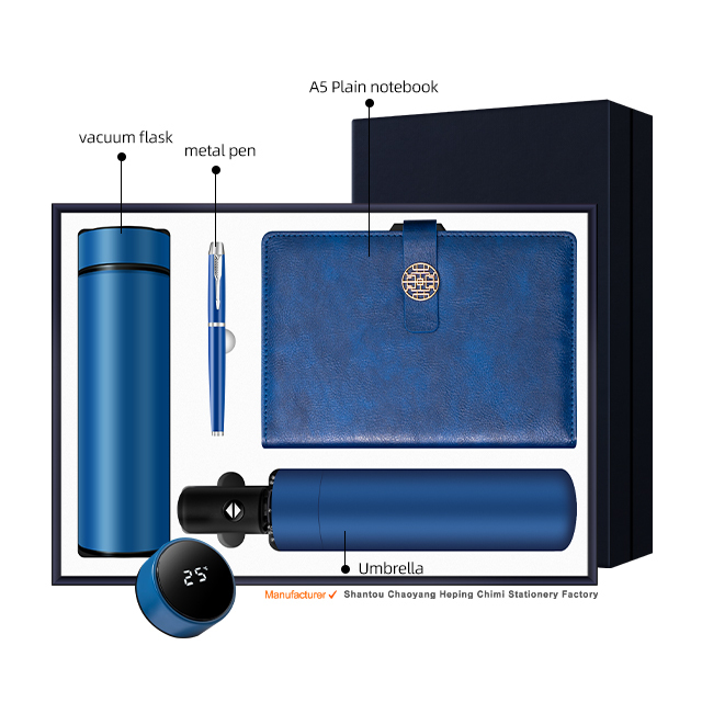 blue-(flask+notebook+pen+umbrella )