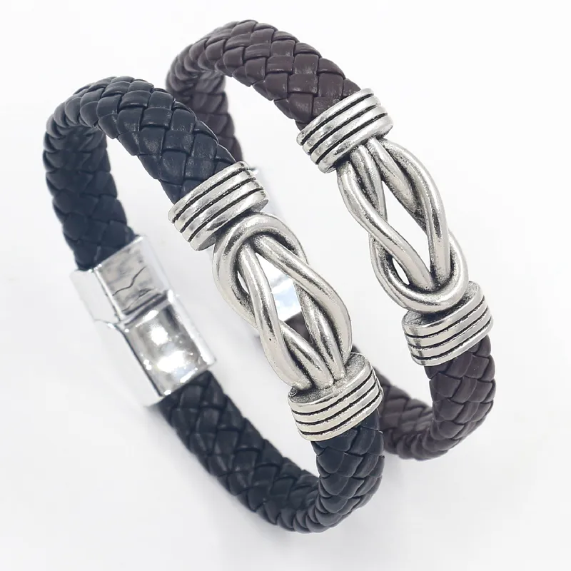 European and AmericanJewelry Vintaqge Simple Magnetic Buckle Alloy 8-line Woven Leather Bangle Bracelets for Men