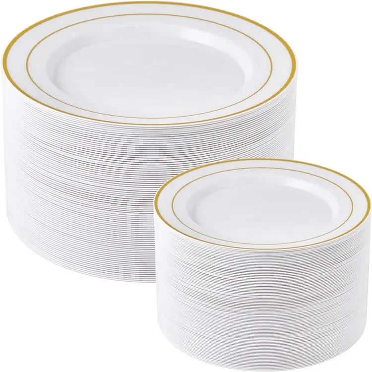 Juegos de platos de postre blanco con borde dorado y plateado, cargadores de plástico para bodas, fiestas, restaurantes, cenas, platos de cargador desechables