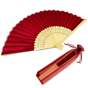 精美印花丝绸手扇，带欧根纱袋19色雕刻竹子民间艺术风格商务礼品或结婚礼物