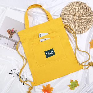 Venta al por mayor de diseño de color sólido reciclado de viaje logotipo personalizado de algodón cuerda de lona con cordón mochila de compras - Product Image 2