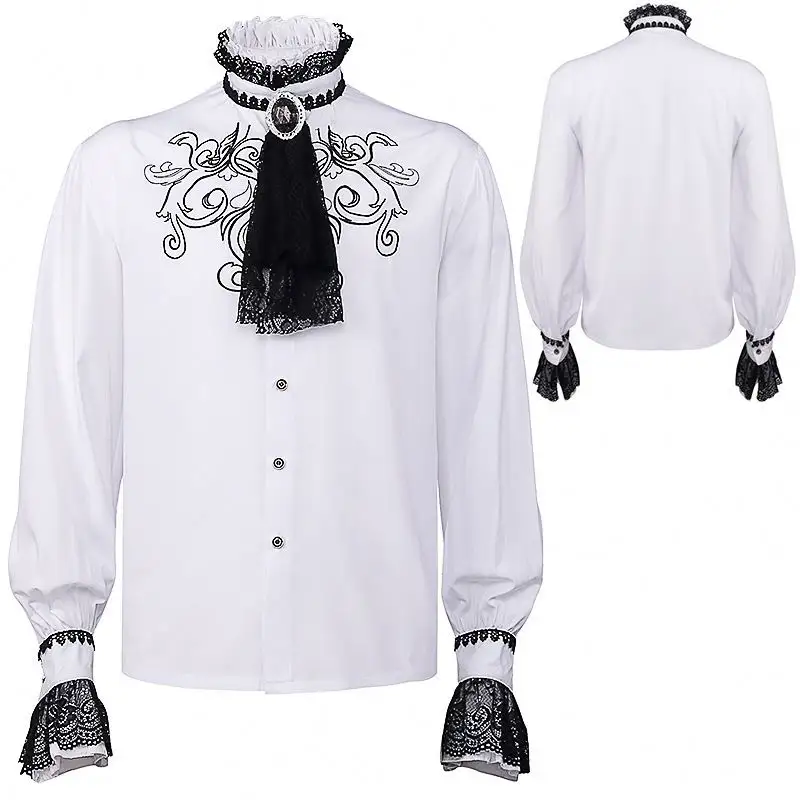 Camisas de pirata con volantes y bordado blanco para hombre, camisa medieval gótica Steampunk victoriana renacentista vampiro, disfraz de Halloween para hombre