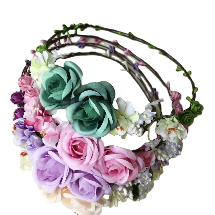 Diadema de corona de flores para mujer, guirnalda de rosas, bandas para el pelo florales para boda, Aro para el pelo nupcial, decoración para fiesta de vid de hoja