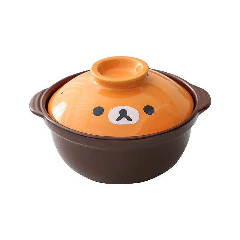 New Arrival Kitchen 1.3/1.9L Nonstick Oven Safe Cartoon Ceramic Brown Casserole Clay Pot Food Container Cooking Hot Pot with L