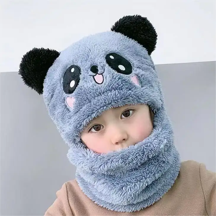 ชุดหมวกและผ้าพันคอสำหรับเด็กผู้หญิงให้ความอบอุ่นในฤดูหนาวตุ๊กตาหมีเท็ดดี้