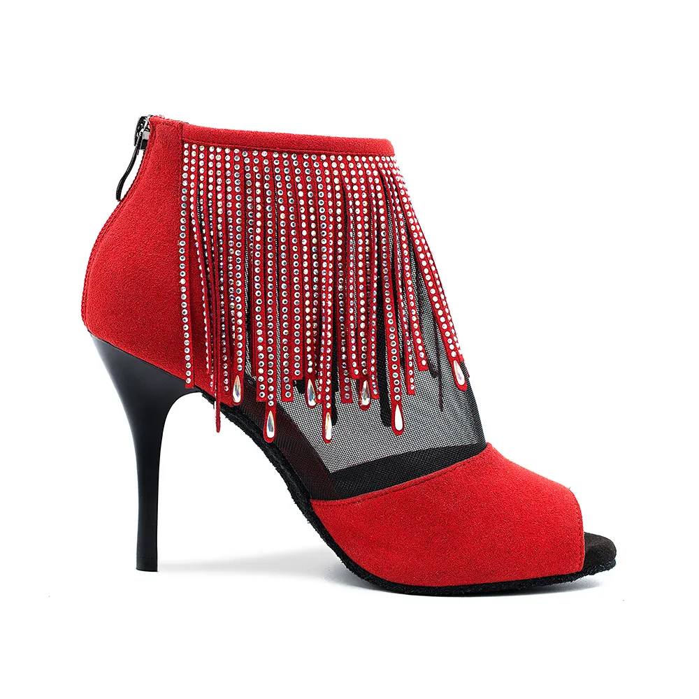 Botas de tacón alto con borlas para mujer, zapatos cómodos de salsa, para baile, clase flamenco, tango