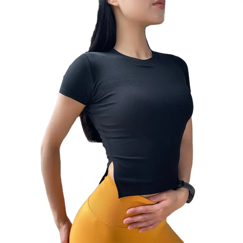 Moletom feminino de manga curta, camiseta esportiva acolchoada com gola redonda, para treino