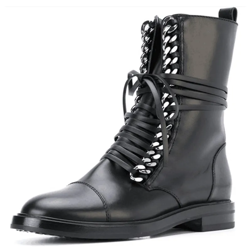 2019 Winter New Arrival Women Fashion Flat Metal Chain Lace up Punk Mid- Calf Short Boots