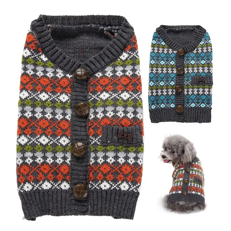 Luxo Malha Plaid Padrão Quente Estilo Britânico Soft Winter OEM Sweater Pet Dog Clothes com Botões Clássicos