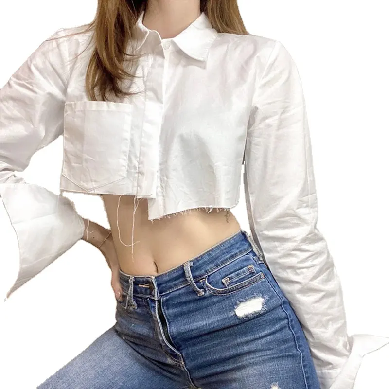 Blusa Twotwinstyle para mulheres, blusa casual irregular de manga longa com lapela e retalhos, blusa de lapela com bainha irregular