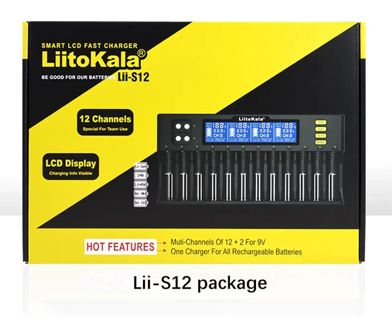 LiitoKala original, Cargador rápido LCD inteligente de 12 ranuras, 12V, 3,5 V, para 3,2 V, LiFePO4, 3,7 V, 18650 V, 21700 V, 1,2 V, batería NiMH