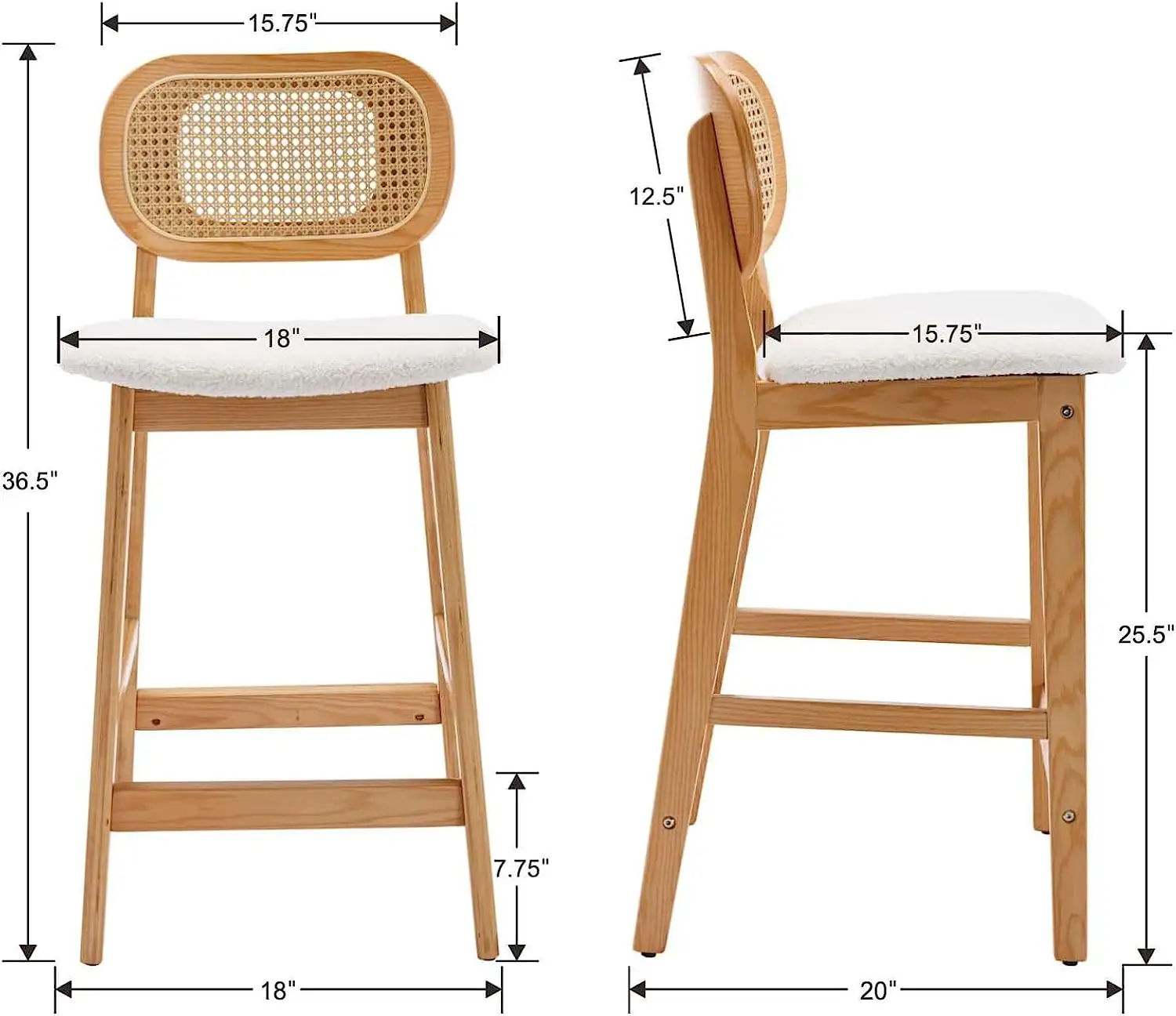 Barhocker mit Gegen höhe 2er-Set Bauernhaus-Barhocker mit Rattan rücken Mid Century Modern Wood Bar Chairs Bequemer Sherpa-Polster