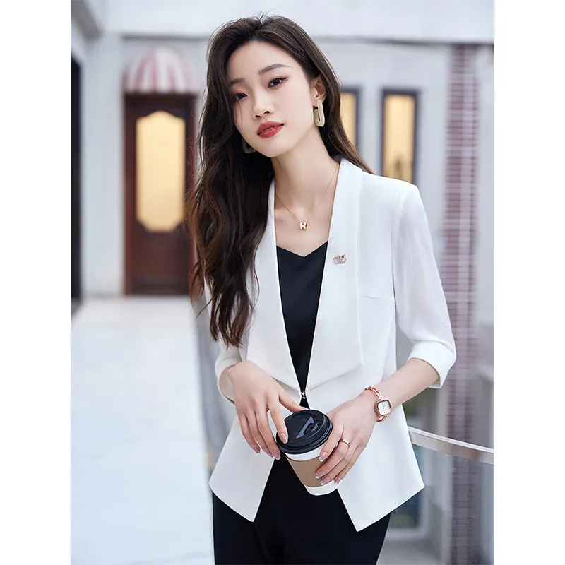 Alta qualidade Plus Size Terno das mulheres lapela solta terno branco clássico jaqueta queda respirável jaqueta