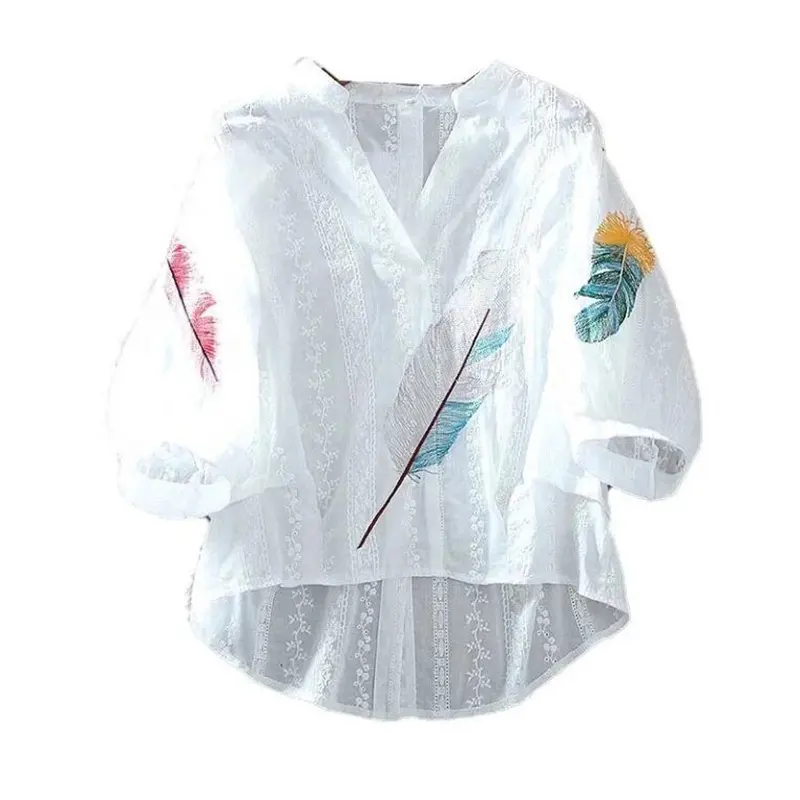 Blusa de algodão de renda solta top de verão para mulheres camisa bordada florida com decote em V manga lanterna temperamento feminino fino