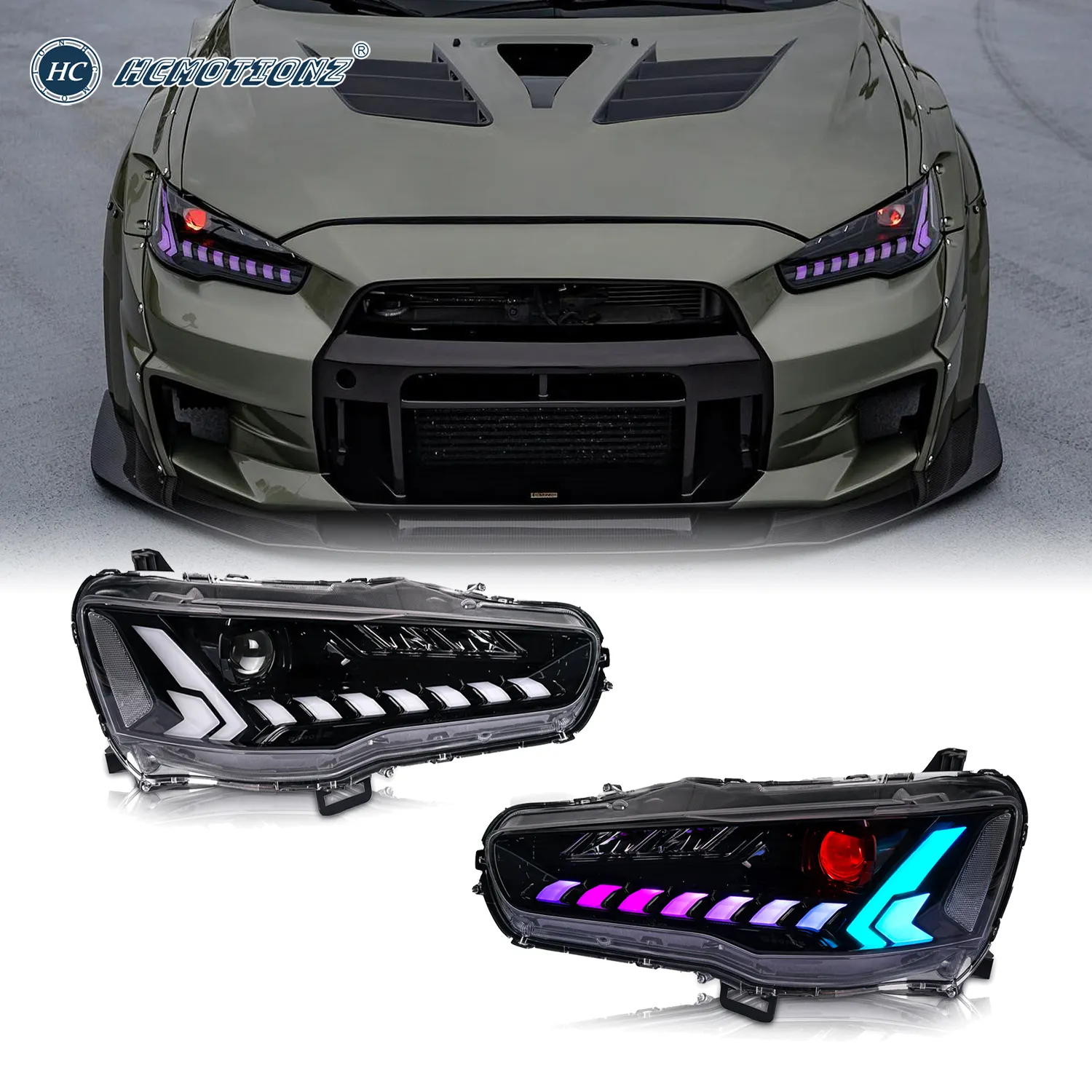 HCMOTIONZ RGB Start UP Animation DRL Front Lamps Assembly ex evo CF/CJ 2008-2017 Headlights For Mitsubishi Lancer
