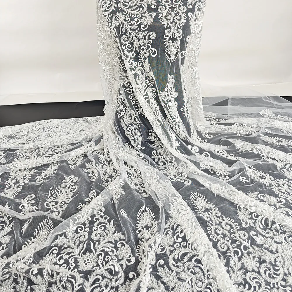 Luxo 3D Beading Lace Bordado Francês Tule Lantejoulas Pesado Frisado Branco Tecido De Renda Para As Mulheres Vestido De Noiva