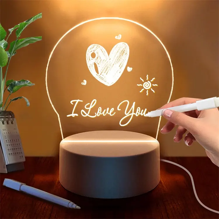 Tablero acrílico creativo 3D, tablero de mensajes acrílico reescribible DIY, tablero de notas led, luz nocturna LED 3D para Navidad, Día de San Valentín