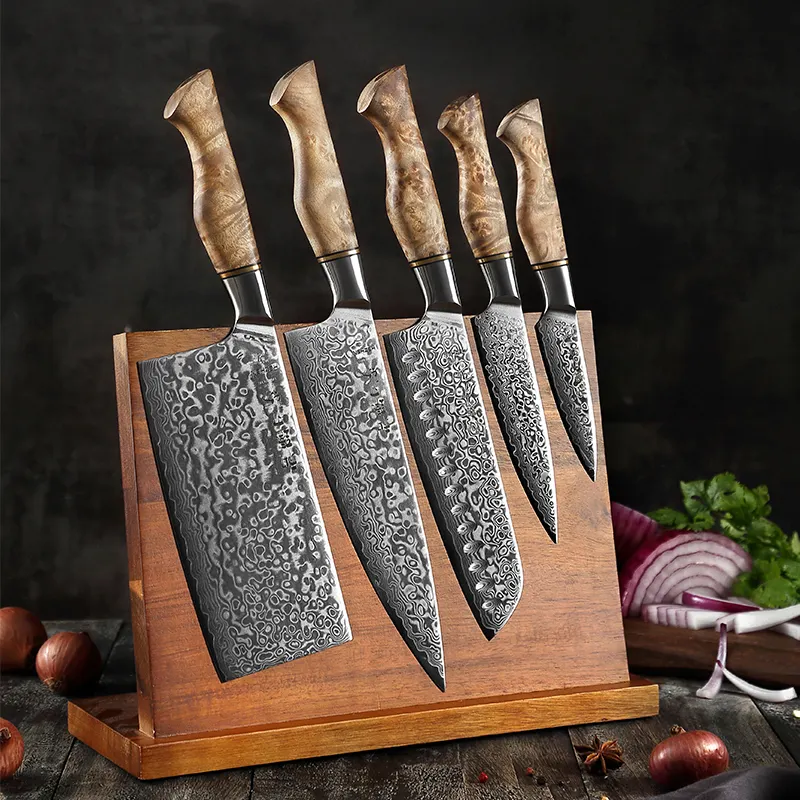 Juego de 6 cuchillos de chef de cocina de acero de Damasco súper afilados mango de madera de sicómoro figurado ODM OEM