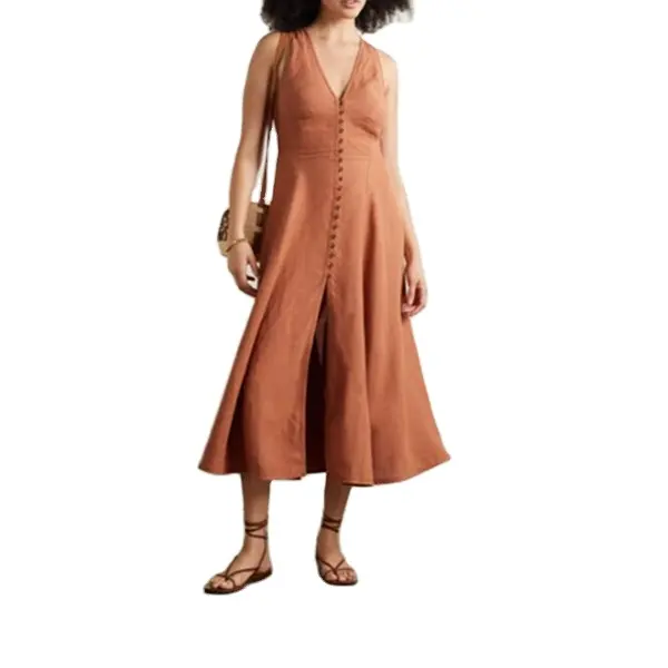 Vestido de lino y algodón para mujer, prenda personalizada de fábrica de prendas de vestir, con escote en V y manga frontal con botones