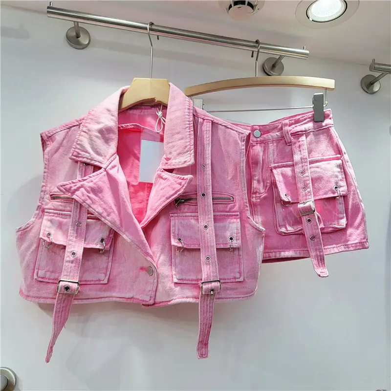 Setelan Denim kantong besar, rompi pendek tanpa lengan musim semi dan panas Retro Pink, rok pembungkus pinggul pinggang tinggi 2 potong