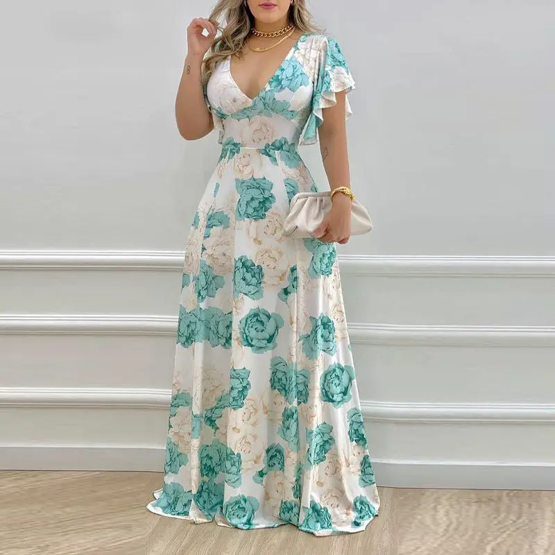 Summer New Style Women'S V-Neck Printed Long Dress Temperament Commuting High Waist Dress