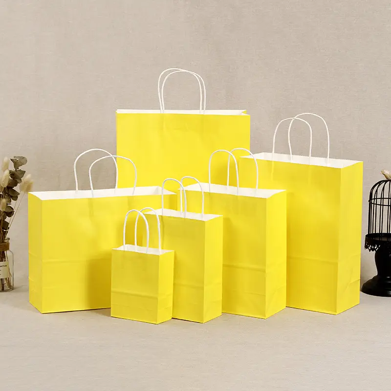 Kostenlose Probe gelbe Geschenk verpackung Papiertüte Benutzer definierte Einkaufs papiertüte mit Ihrem eigenen Logo Weiß Schwarz Braun Kraft Papiertüte