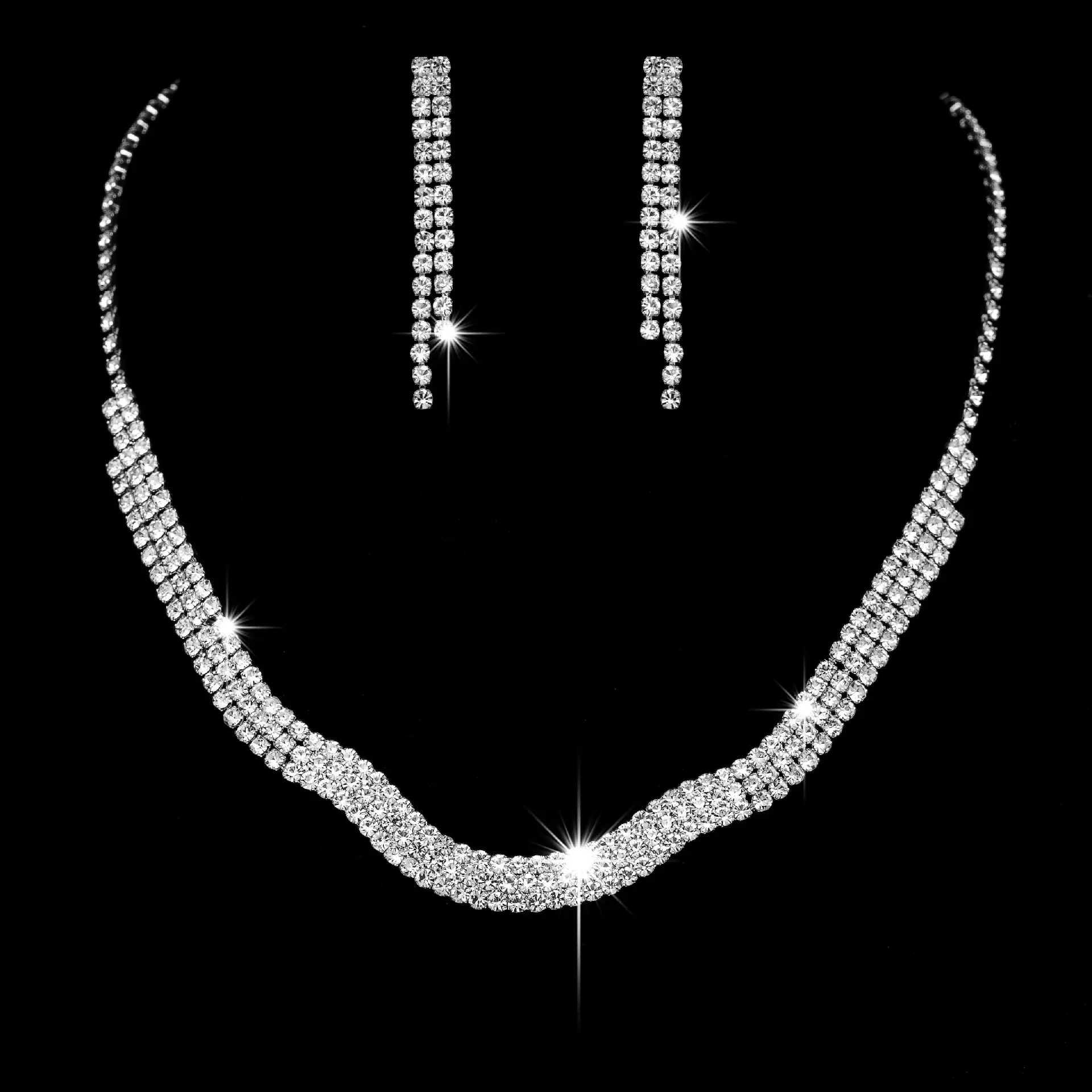 Commercio all'ingrosso delicato placcato argento lucido zircone cristallo diamante artiglio catena orecchini collane set di gioielli da sposa da donna