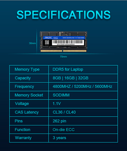 OSCOO Memoria RAM DDR5 8GB 16GB 32GB On-Die ECC 4800/5200/5600MHz DDR para Laptop DDR con chipsets de alta calidad Proveedor DDR - Product Image 6