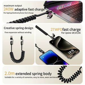สายชาร์จ200ซม. 240W USB A USB ไปยัง Type-C สายชาร์จเร็ว2 IN 2สปริงสายเคเบิลข้อมูล4 in 1สำหรับโทรศัพท์ที่ใช้บนรถ - Product Image 4