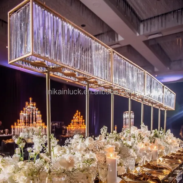 Rectángulo oro boda centro de mesa flor soporte MESA CENTRO pieza decoración con tiras de cristal borla