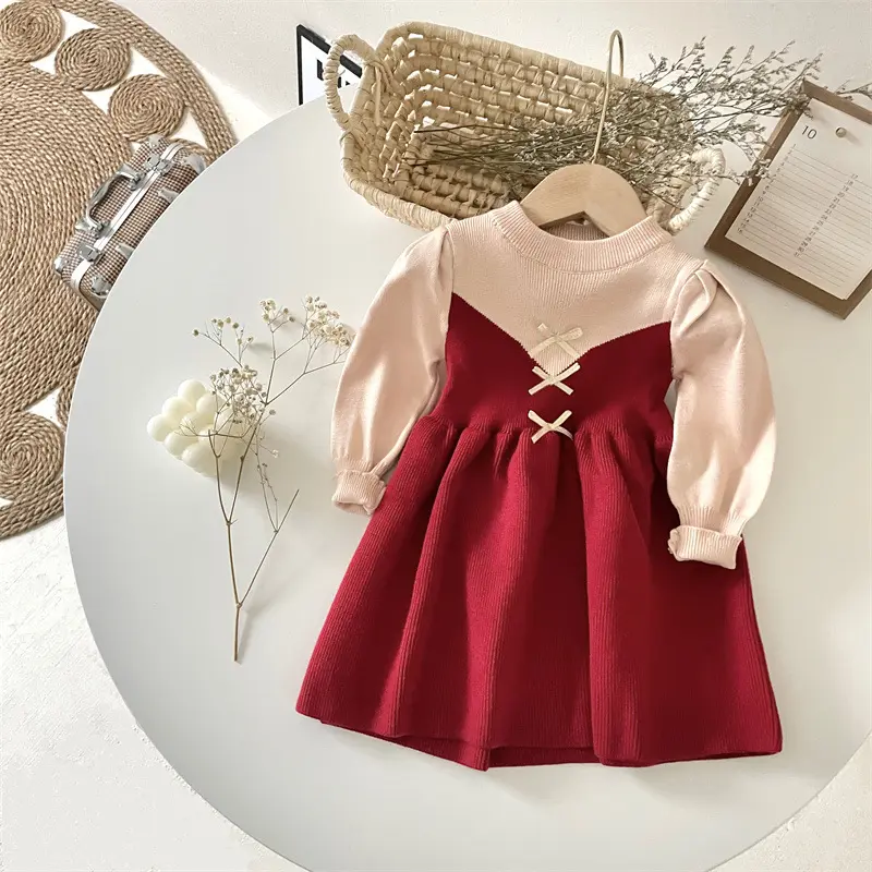 H112002 vestito da ragazza autunno e inverno vestito da principessa per bambini nuovo vestito rosso lavorato a maglia di capodanno