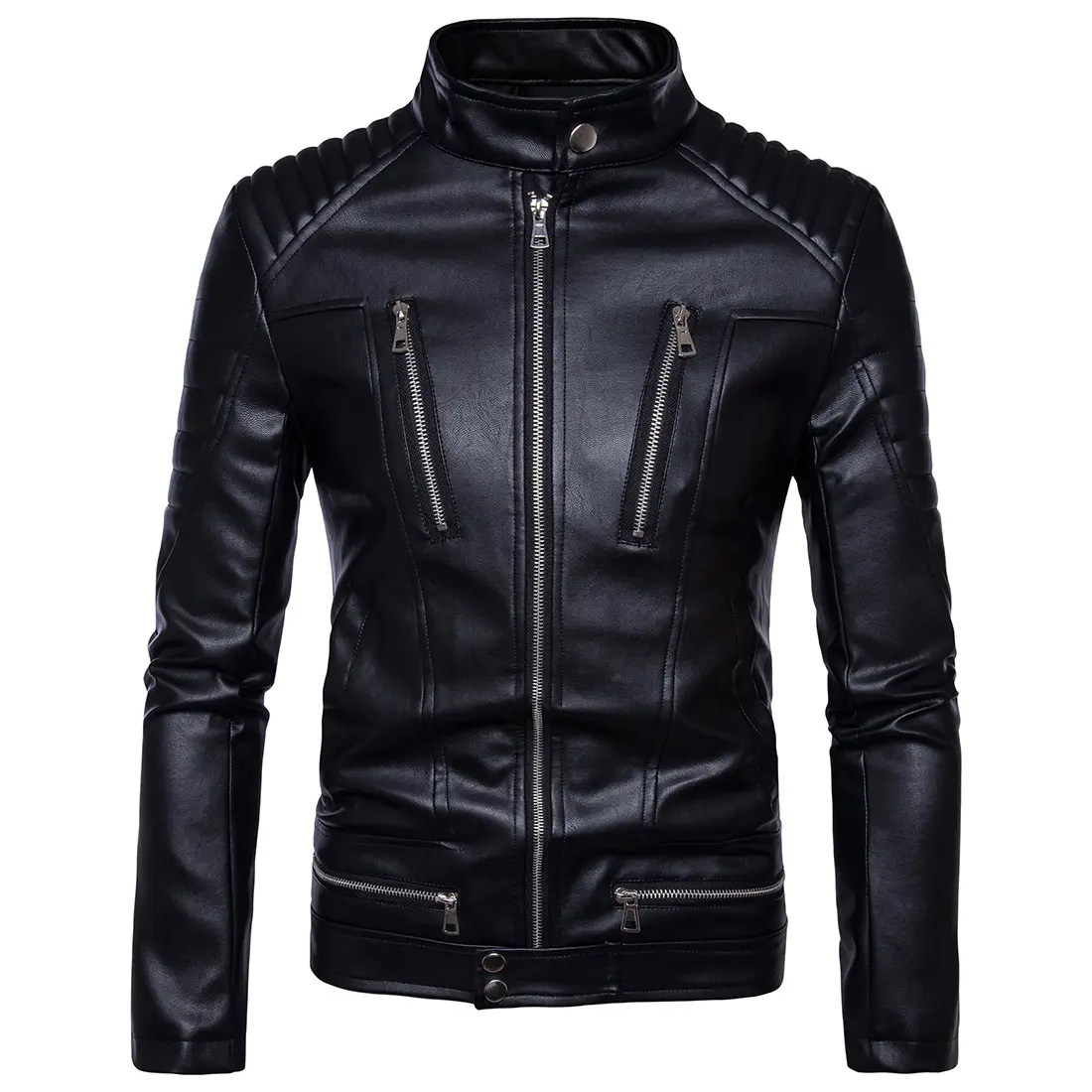 Moda Hombre Negro Motocicleta Multi-Zip Chaqueta de cuero Moda Hombre Chaqueta de cuero