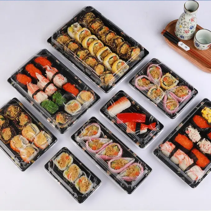 Op Maat Gemaakte Sushi-Voedselverpakkingsdoos Vierkante Bootvorm Wegwerp Plastic Container Sushi-Bakje Met Deksel