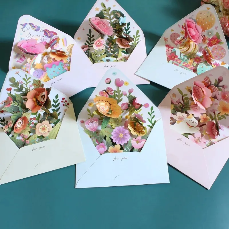 Neue romantische Blume Geburtstag Weihnachts karte 3D Pop-up Grußkarten Set Postkarte Party Hochzeits dekorationen Kreative Mädchen Geschenke