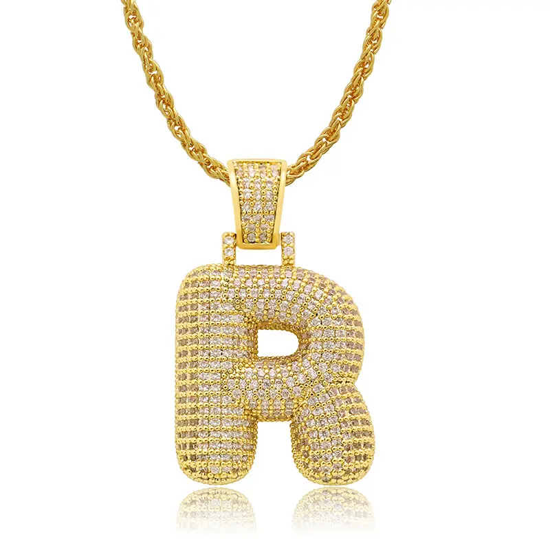 Collar con colgante de circonia cúbica y 26 letras del alfabeto para hombre, micro pavé, oro, hiphop, iced out