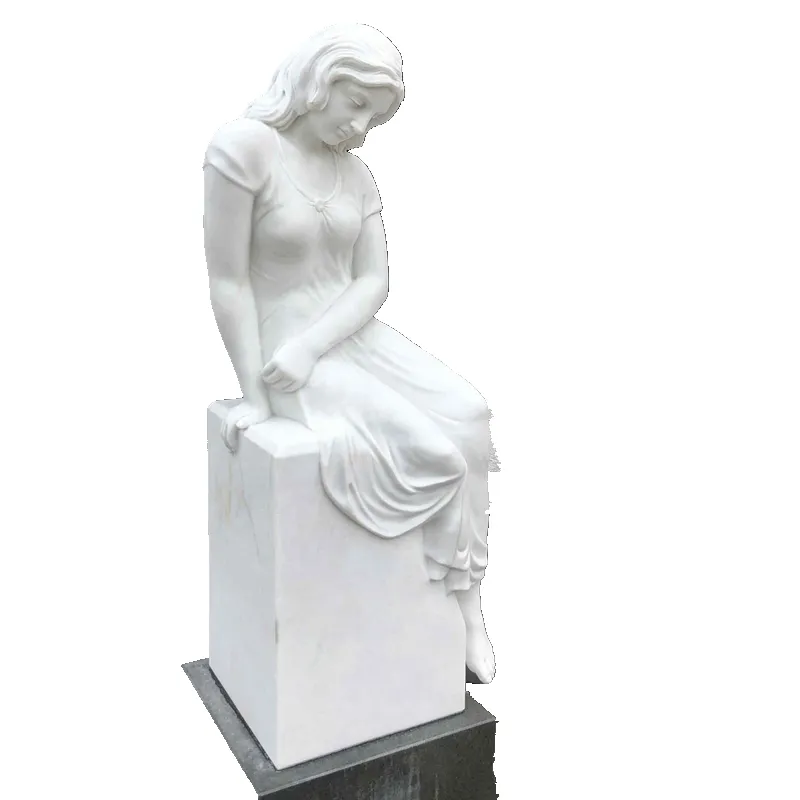 Fabbrica di pietra di vendita H140cm bianco marmo cimitero seduta statua di angelo