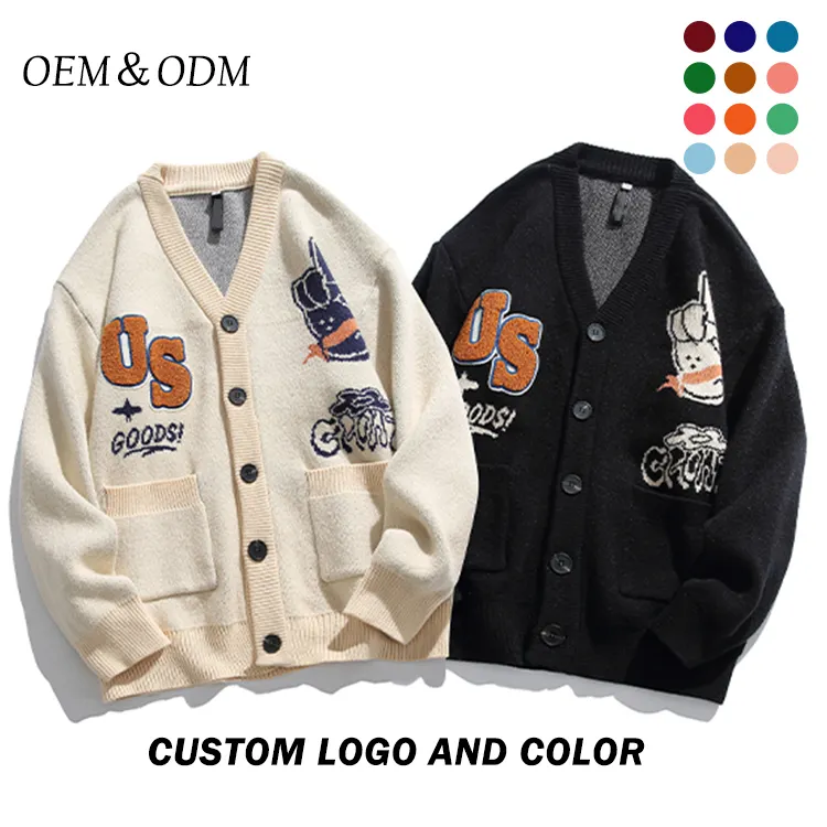 Oem Cardigan Custom Male Jacquard Cardigan Sweater Men Chenille Embroidered Letter Button Pocket Autumn Cardigan Knitted Sweater