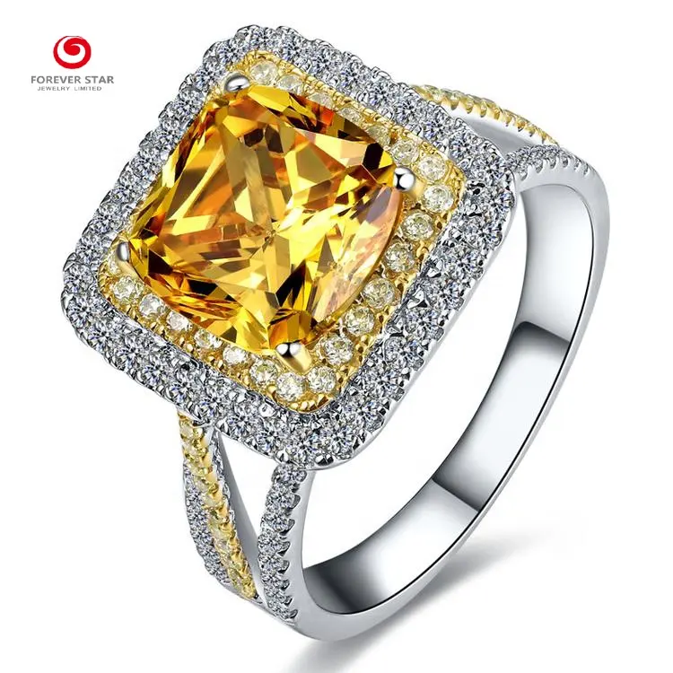 14K Weiß Gold Kissen Gelb Diamant Moissanite Ring Halo Engagement Ring für Frau