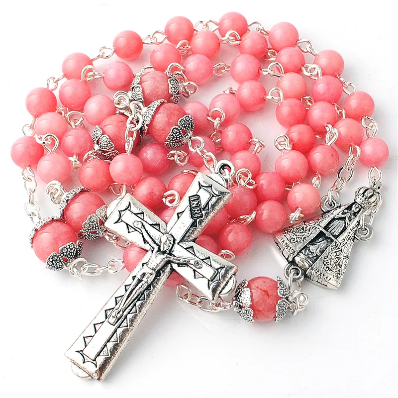 Rosario cattolico religioso con perline in pietra rodocrosite rossa di seconda generazione da 6mm con tappi e centrotavola di nostra signora