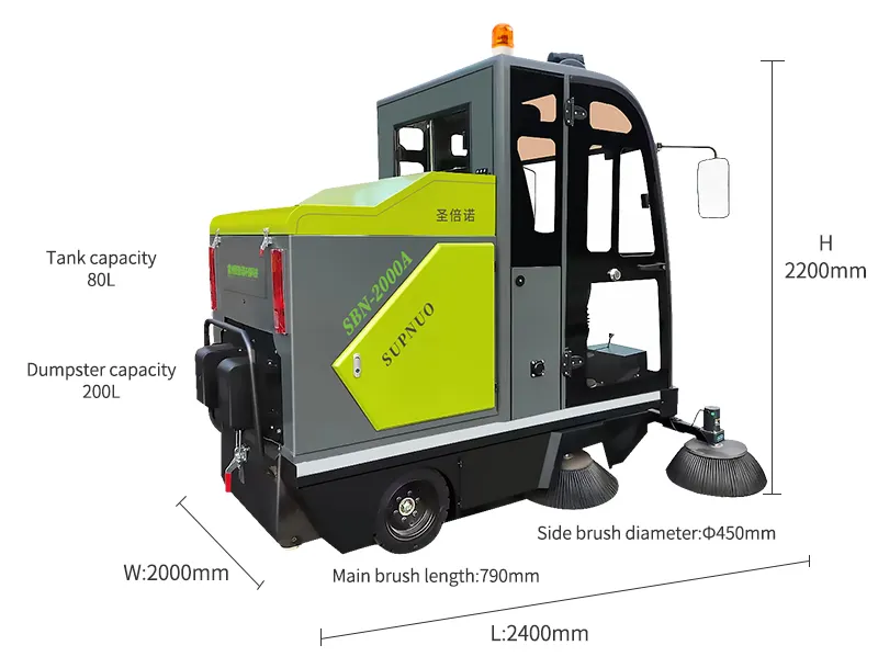 SBN-2000A מכונת מקרצף ומטאטא רצפות מסחרית נהיגה במכונית טאטוא תלת אופן סגורה לחלוטין