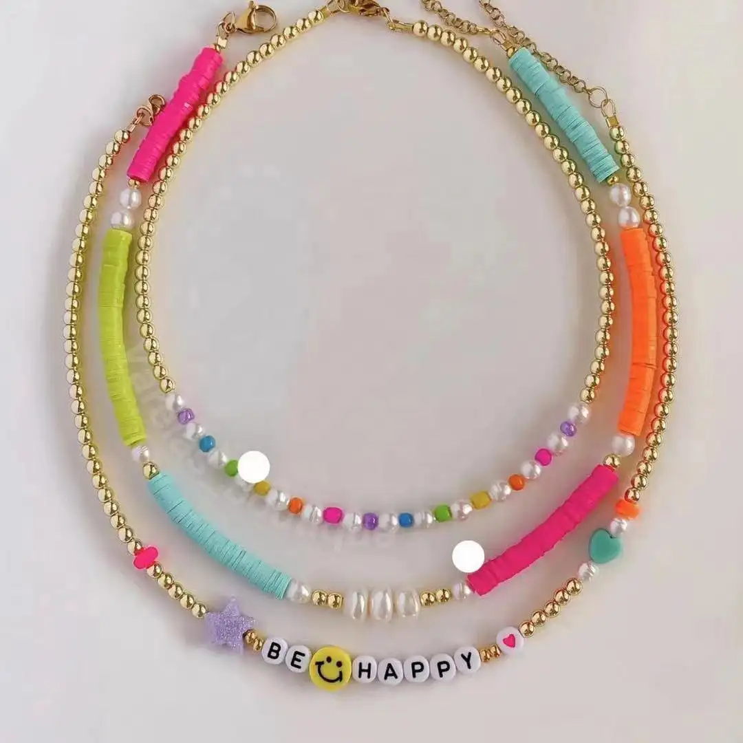 Colgante con forma de semilla de arcilla polimérica para mujer, joyería Bohemia hecha a mano, collar con cuentas de perla y cara de sonrisa, joyería